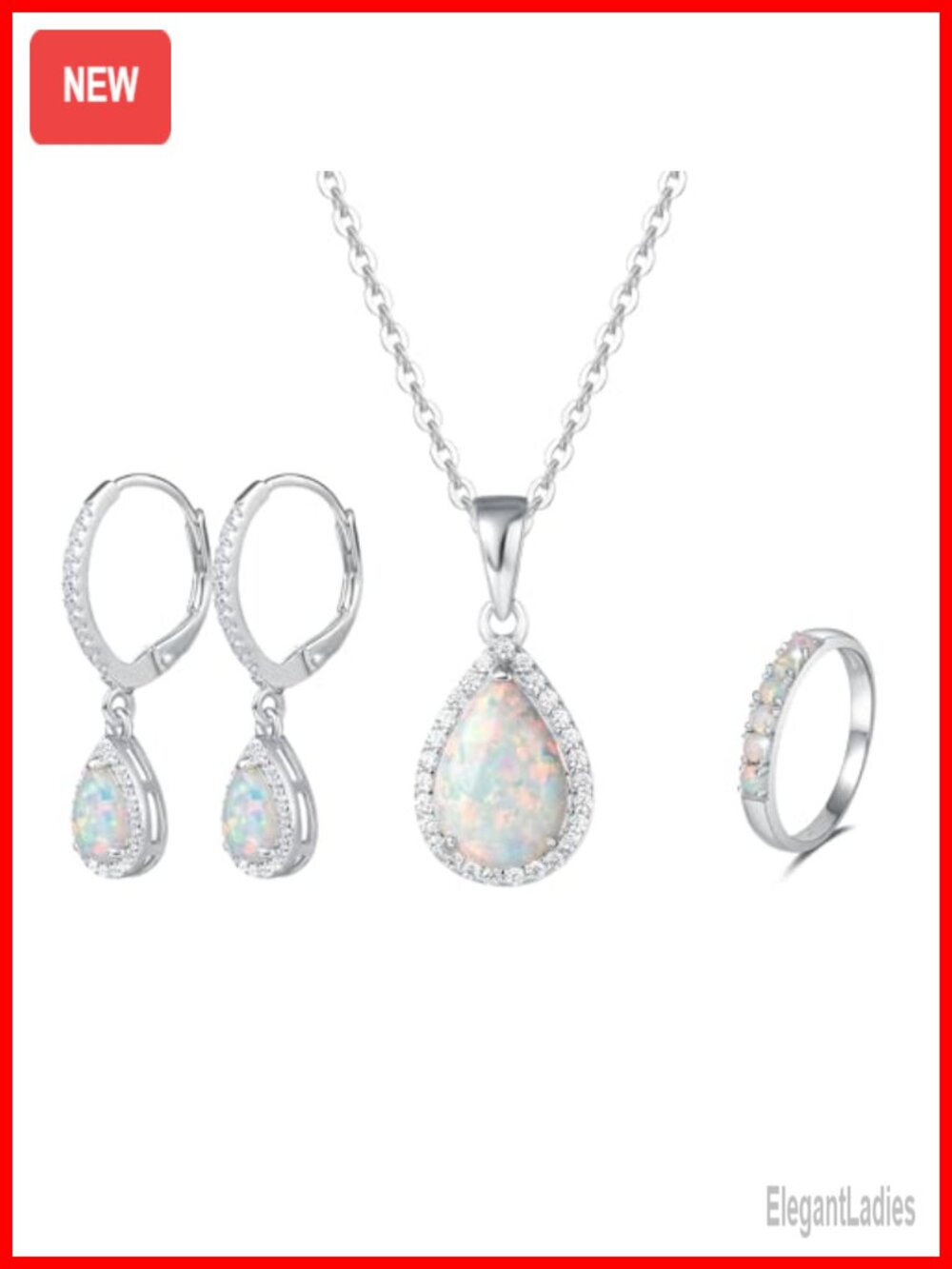 Sterling Silver Opal October Birthstone Necklace Earrings Ring Set